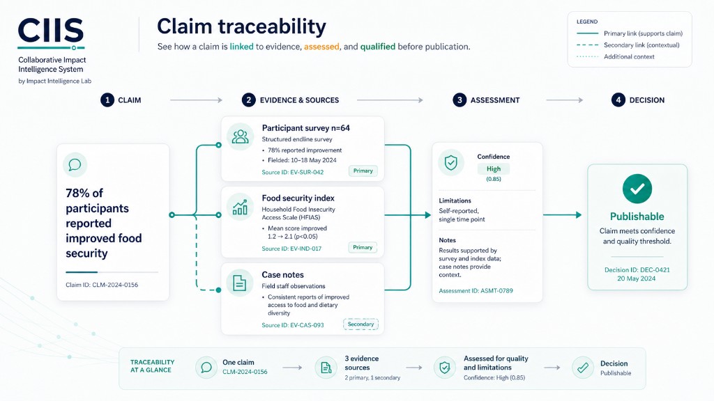 CIIS claim traceability diagram: typographic CIIS and ‘by Impact Intelligence Lab’; claim, evidence, assessment and publishable decision. Synthetic IDs.