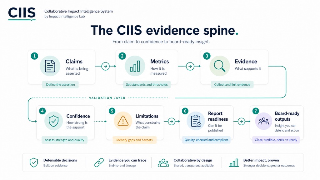 The CIIS evidence spine diagram: typographic CIIS with formal name and ‘by Impact Intelligence Lab’; seven steps to board-ready outputs. Synthetic.